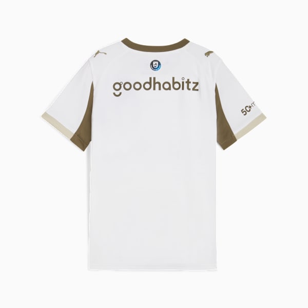White PUMA T-shirt for youth with 'goodhabitz' text and brown sleeve and neck trim.