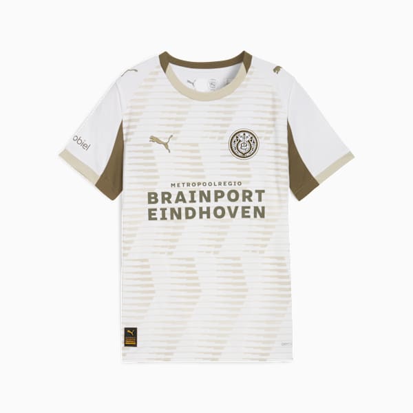 White PUMA kids' shirt with gold accents, club crest, and sponsor text.