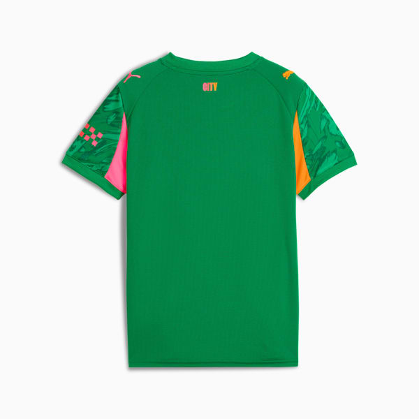 Green PUMA child's shirt with patterned sleeves and 'CITY' text on the upper back.