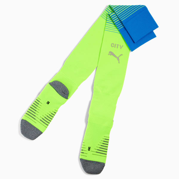 Lime PUMA football socks for adults with blue stripes at the top and grey details.