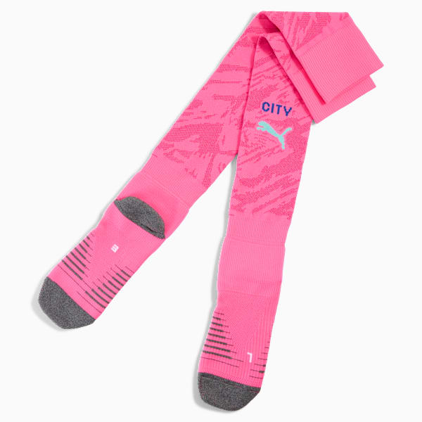 Pink PUMA socks with grey toe and heel, featuring blue logo and 'CITY' text.