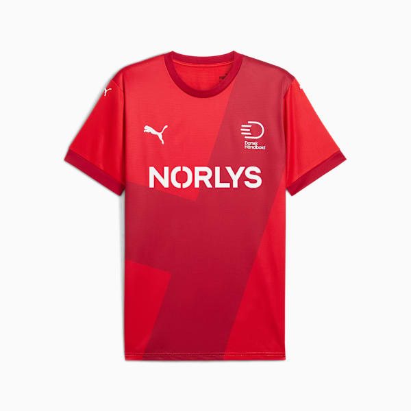 Red PUMA t-shirt for adults with short sleeves, logos and 'NORLYS' text.