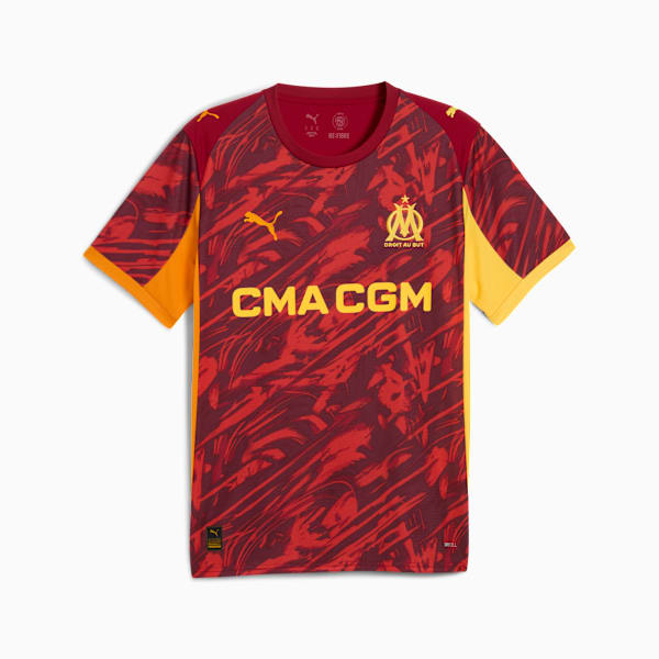Red PUMA shirt for adults with short sleeves and graphic pattern on the front.