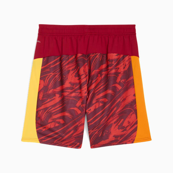 Red PUMA training shorts for men with abstract print and side panels.