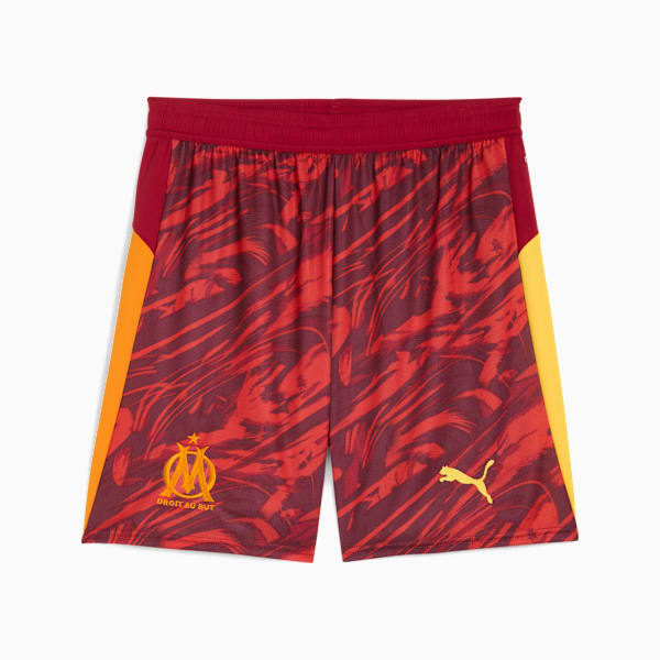 Red PUMA football shorts for adults, featuring a patterned design, and logo details.