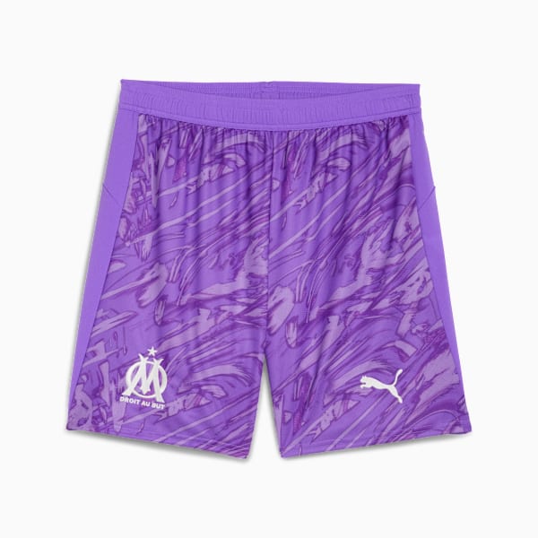 Purple PUMA shorts for adults, featuring abstract prints and team/brand logos.