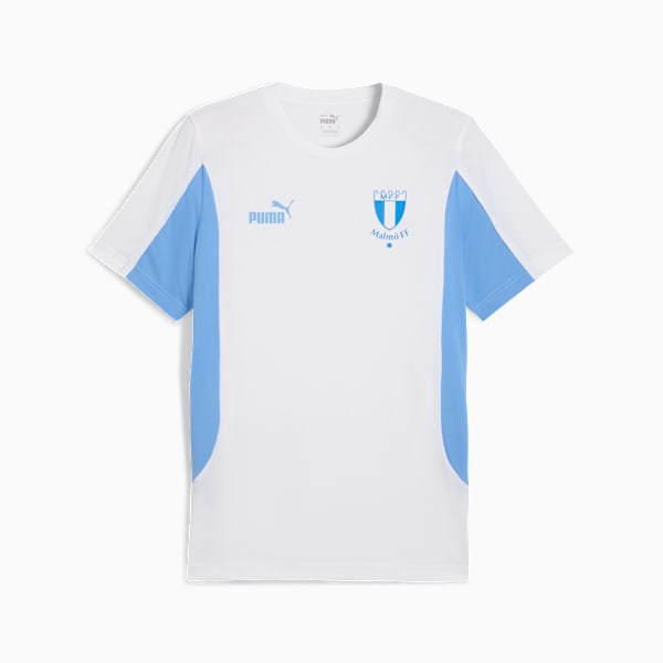 White PUMA T-shirt for adults with light blue accents and Malmö FF logo.