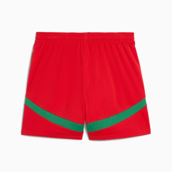 Red PUMA training shorts with a green stripe detail for adults.