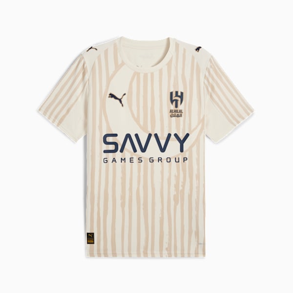 Cream PUMA t-shirt for adults with vertical stripes and 'SAVVY GAMES GROUP' text.