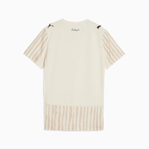 Cream PUMA T-shirt unisex with striped sleeves and bottom, plus KidSuper logo.