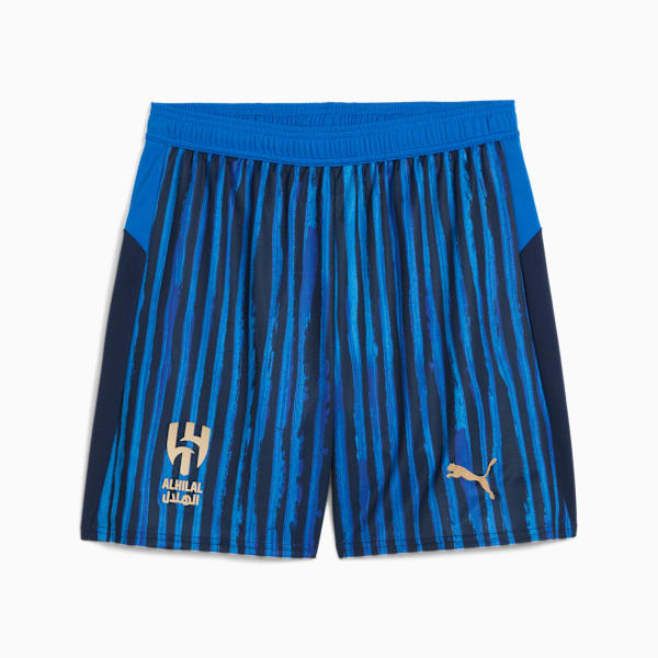Blue PUMA shorts with vertical stripes, team logo and brand icon.