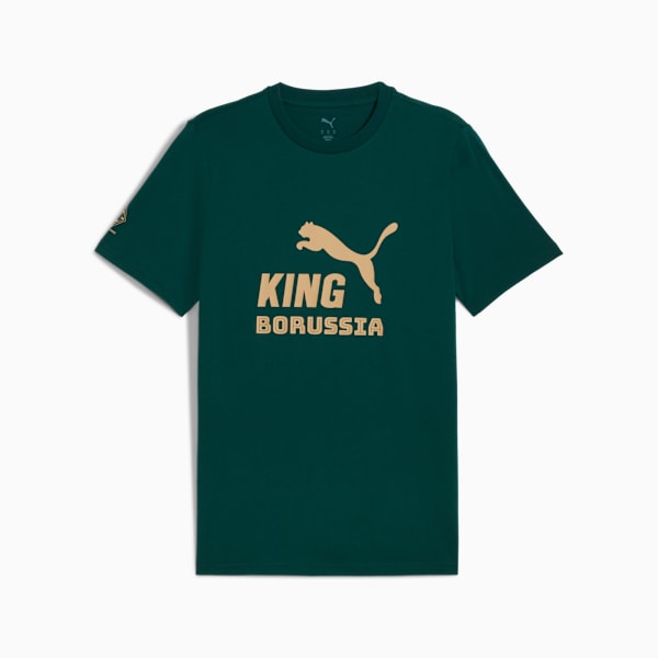 Green PUMA t-shirt for adults with 'King Borussia' and logo print.