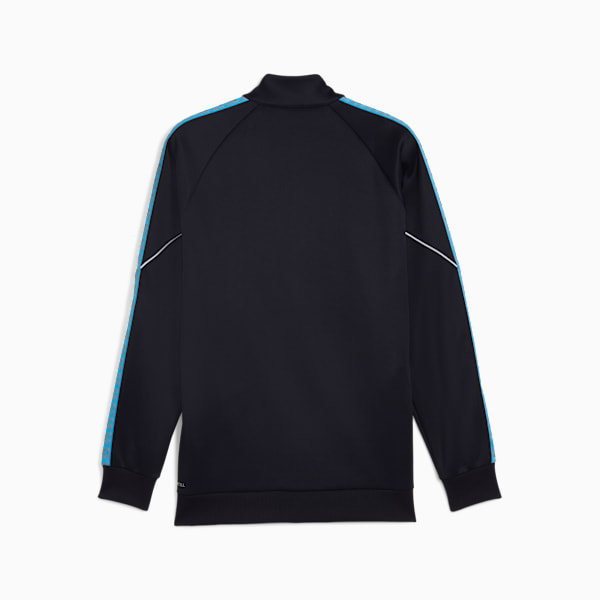 Black PUMA track jacket, for adults, featuring blue stripes on the sleeves, back view.