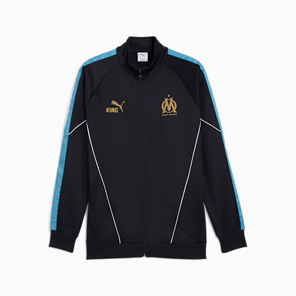 Black PUMA jacket for adults with gold logos and blue patterned sleeve stripes.