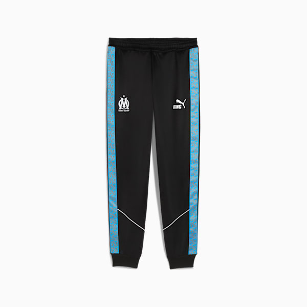 Black PUMA trousers for adults with blue side stripes and team logo details.