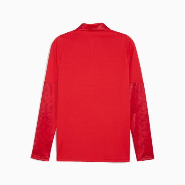 Red PUMA training top, for adults, featuring long sleeves with patterned detail.
