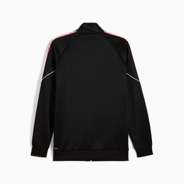 Black PUMA men's track jacket with red shoulder stripes and a white design line.