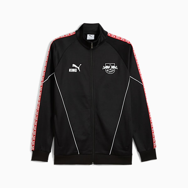 Black PUMA jacket for adults with white stripes, KING logo and RB Leipzig emblem.