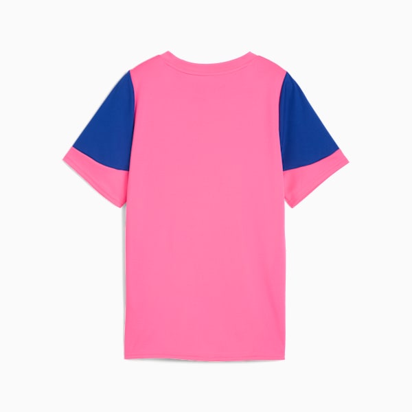 Pink PUMA T-shirt, child size, with blue short sleeves and a round neckline.