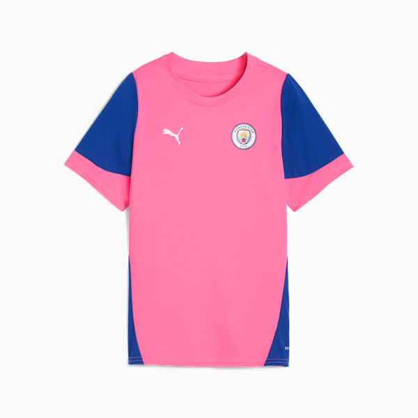 Pink PUMA kids' T-shirt with blue sleeves and Manchester City badge.