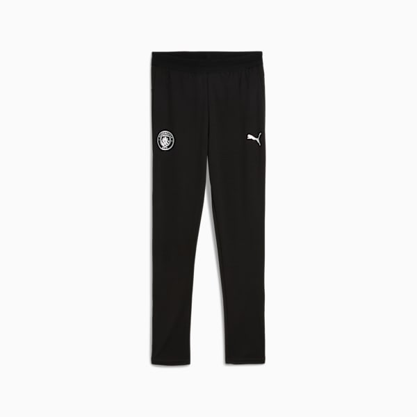 Black PUMA training trousers for youth, featuring a club logo and the brand's logo.