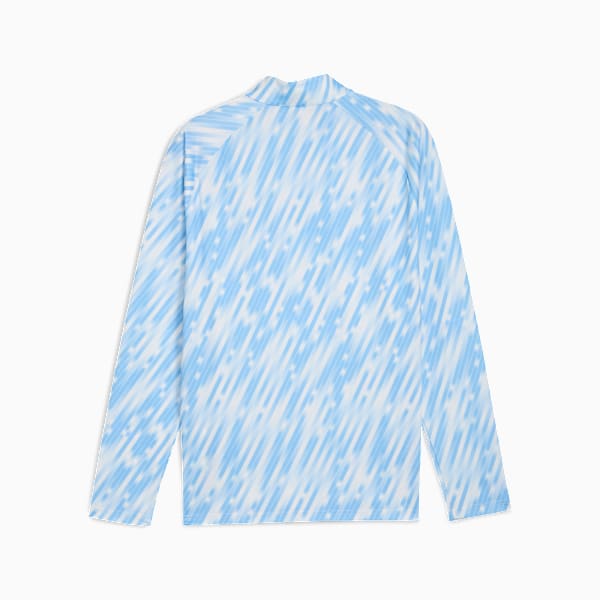 Blue PUMA training top, for adults, with an all-over blurred stripe pattern and long sleeves.