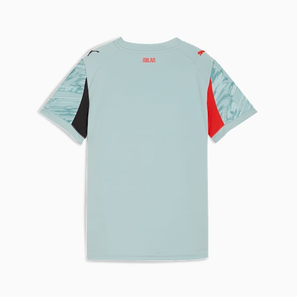 Light blue PUMA T-shirt for youth, featuring patterned sleeves with black and red accents.