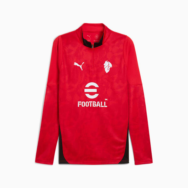 Red PUMA training top for youth, featuring long sleeves and logos on the chest.