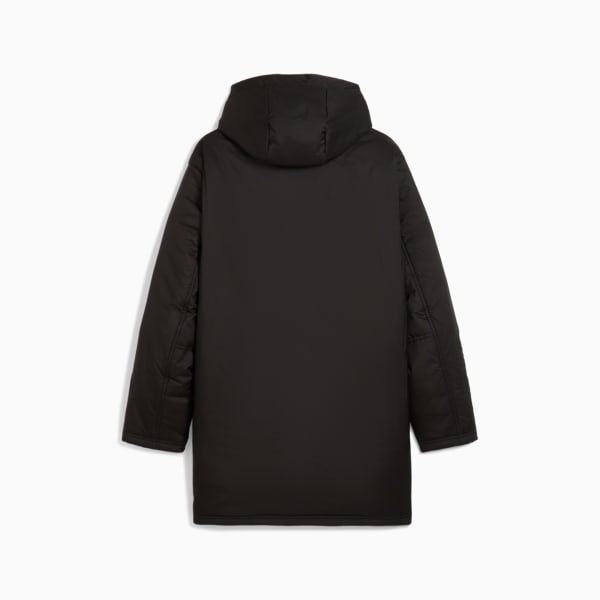 Black PUMA hooded parka for adults, rear view, with long sleeves and straight hem.