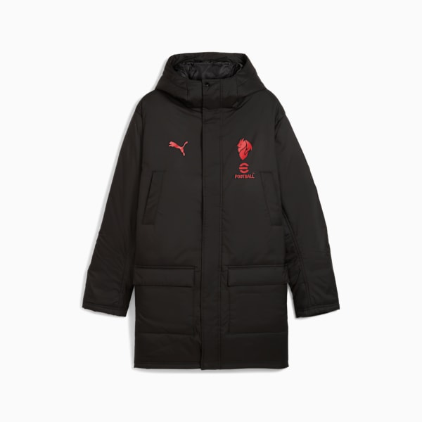 Black PUMA men's parka with red logos, a hood, and front pockets.
