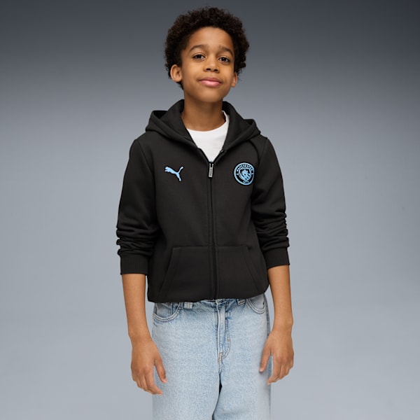 Manchester City FtblEssentials Hooded Jacket Big Kids, PUMA Black-Team Light Blue, extralarge