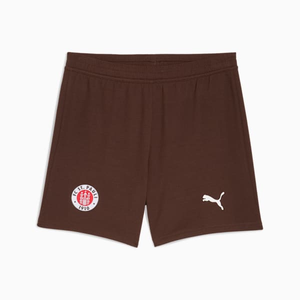 Brown PUMA football shorts for adults with the FC St. Pauli logo and a white Puma logo.