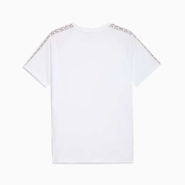 White PUMA T-shirt for adults with patterned tape detailing on the shoulders and sleeves.