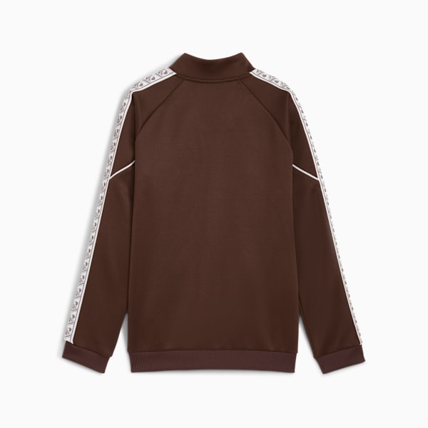 Brown PUMA track jacket, for adults, featuring striped detailing on the sleeves.