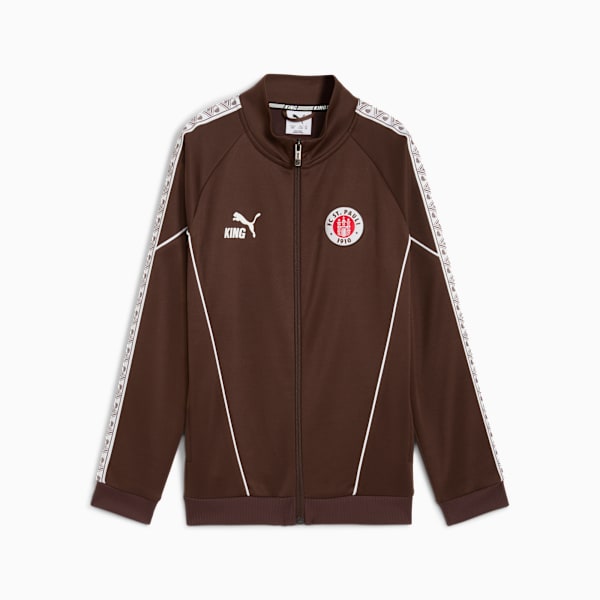 Brown PUMA track jacket for adults with logo and white stripe design.