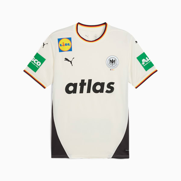 Off-white PUMA t-shirt with German flag trim, sponsor logos, and 'atlas' text on the front.
