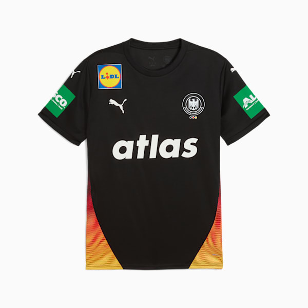 Black PUMA t-shirt for adults with 'atlas' text and sponsor logos on the sleeves and chest.