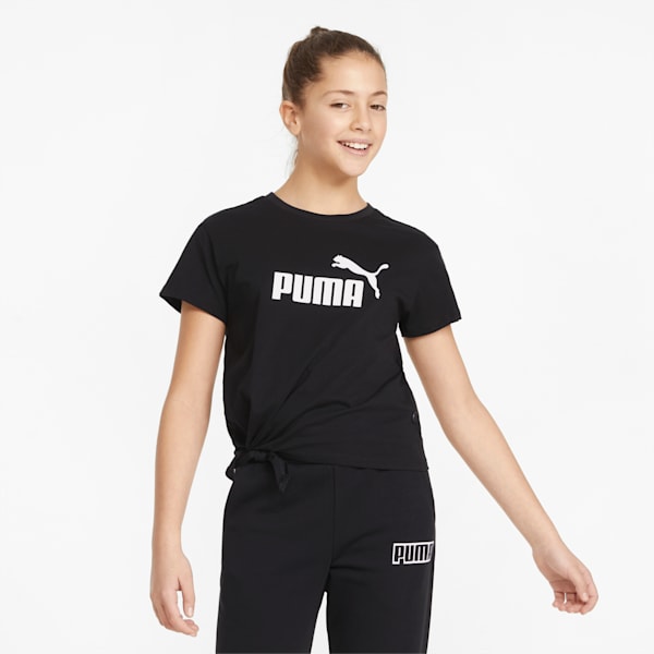 Essentials Logo Girl's Knotted Relaxed Fit T-Shirt, Puma Black, extralarge-IND
