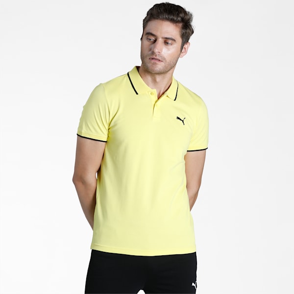 Men's ESS Pique Tipping Slim Fit Polo, Celandine-PUMA Black, extralarge-IND