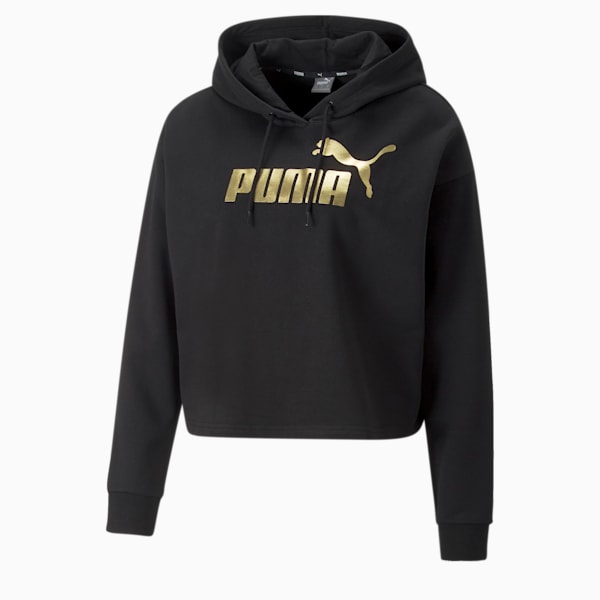 Essentials+ Metallic Logo Women's Hoodie, Puma Black-Gold Foil