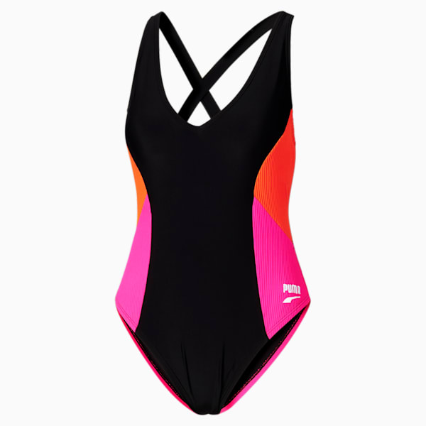 One Piece Mixed Media Women's Swimsuit , BLACK / PINK, extralarge