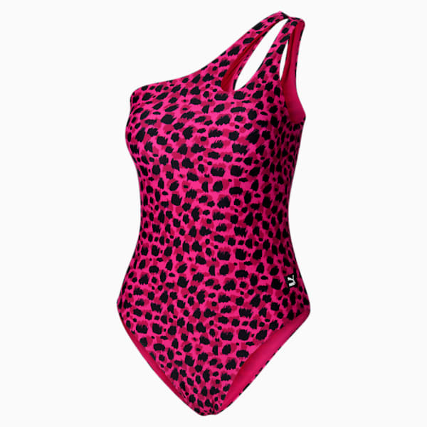 One Piece Women's Shoulder Swimsuit , BLACK / PINK, extralarge