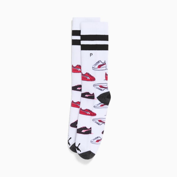 Men's Suede Logo Terry Crew Extended Socks (1 Pair), WHITE / RED, extralarge