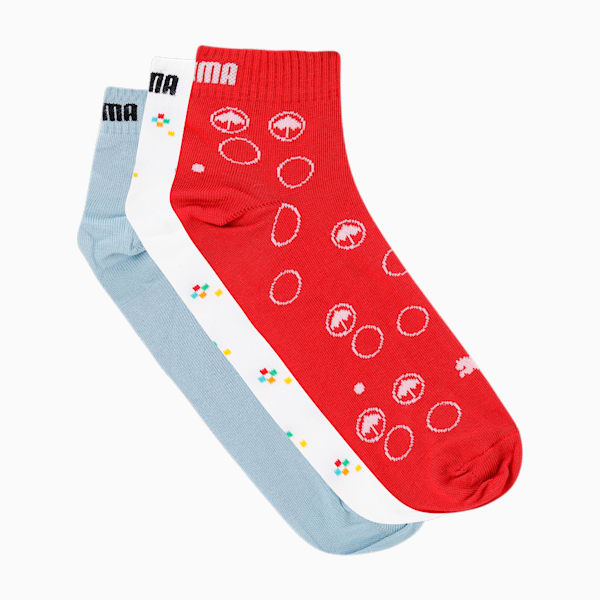 PUMA Graphic  Unisex Quarter Socks Pack of 3, Puma White/ Legion Blue/ Summer Green