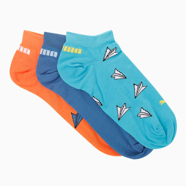 PUMA Aero Graphic Unisex Sneaker Socks Pack of 3, Scuba Blue/ Carrot/ Star Sapphire, extralarge-IND