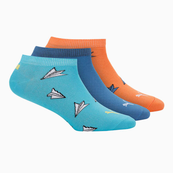 PUMA Aero Graphic Unisex Sneaker Socks Pack of 3, Scuba Blue/ Carrot/ Star Sapphire, extralarge-IND