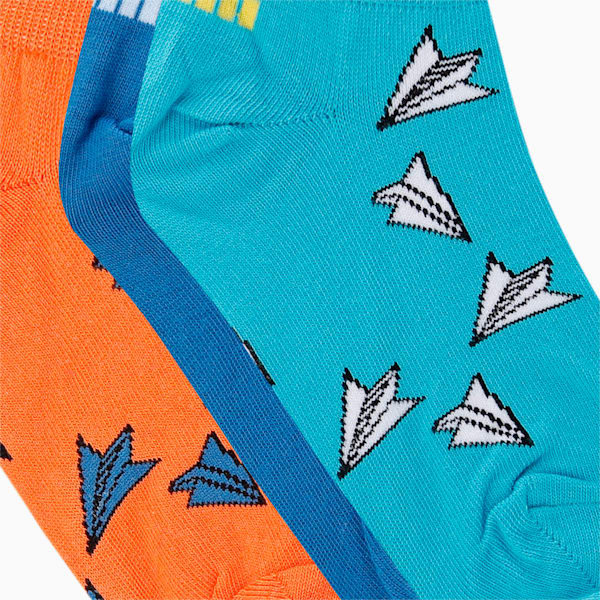 PUMA Aero Graphic Kid's Sneaker Socks Pack of 3, Scuba Blue/ Carrot/ Star Sapphire