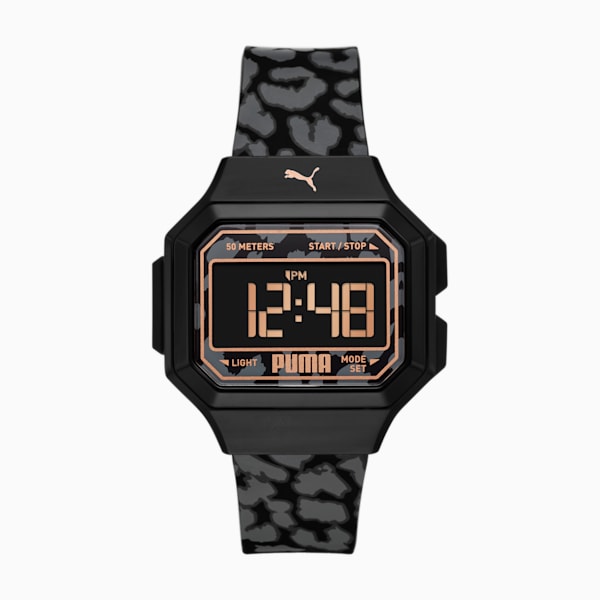 Reloj PUMA Mini Remix LCD de poliuretano con estampado animal, Black, extralarge