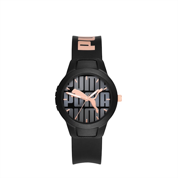 PUMA Reset V2 Three-Hand Black and Rose Gold-Tone Polyurethane Watch, Black, extralarge
