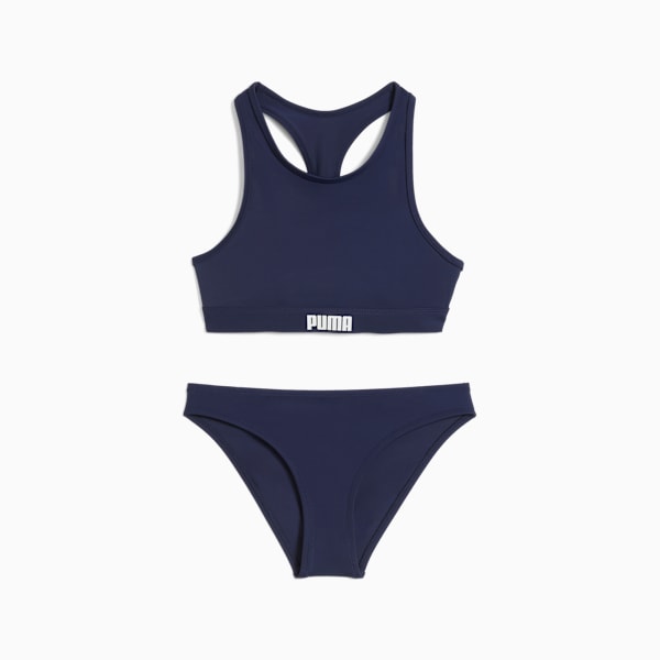 Navy PUMA swimsuit for women, featuring a sports top and classic bikini bottoms.